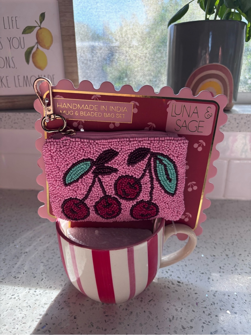 Pink Beaded Cherry Card & Key Pouch